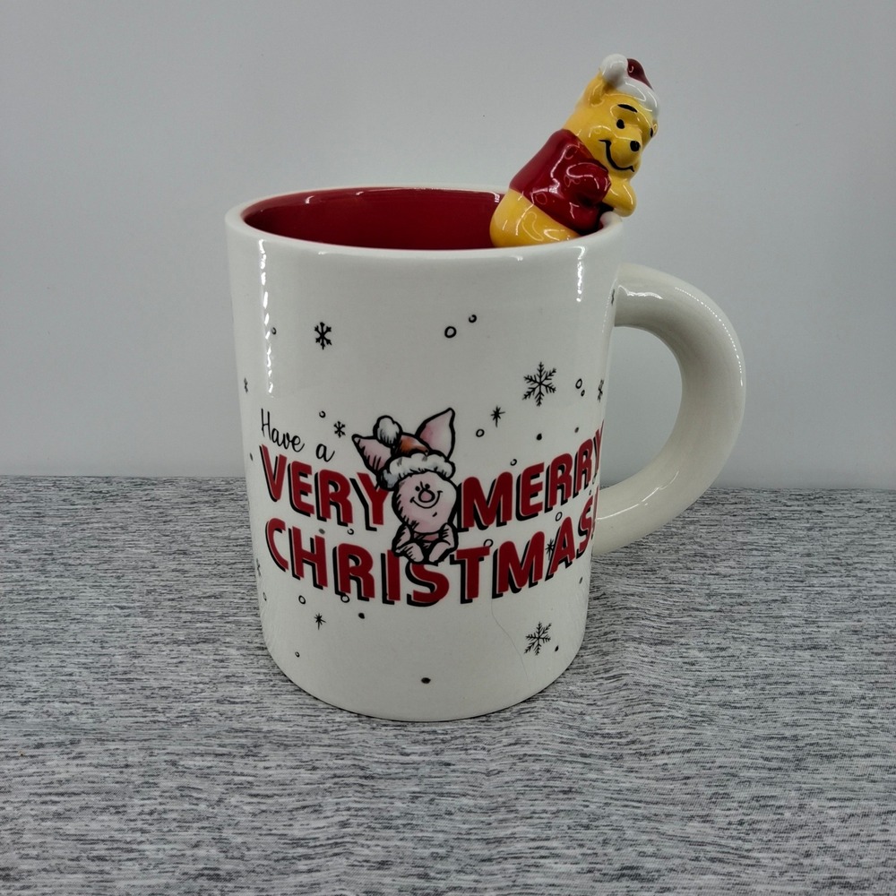 Disney Winnie the Pooh Christmas Mug 3D Pooh Bear Figurine Piglet Holiday 16 oz.